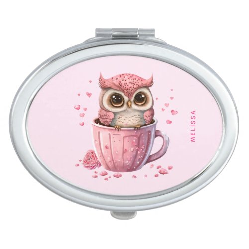 Cute Pink Owl in a Cup Compact Mirror