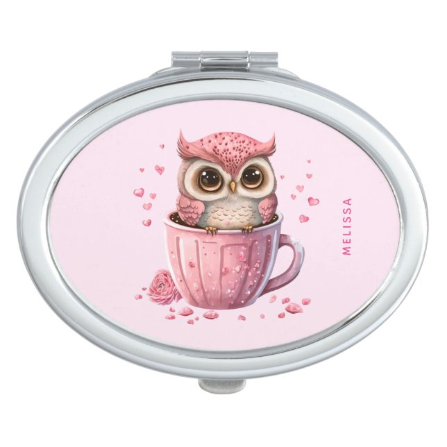 Cute Pink Owl in a Cup Compact Mirror (Front)