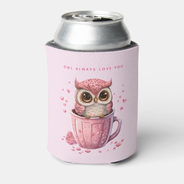 Cute Pink Owl in a Cup Cute Pun Can Cooler (Can Back)