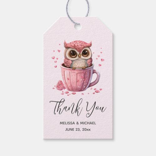 Cute Pink Owl in a Cup Event Thank You Gift Tags