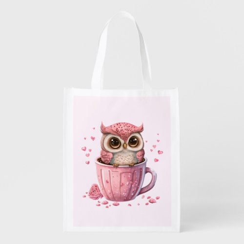 Cute Pink Owl in a Cup Grocery Bag
