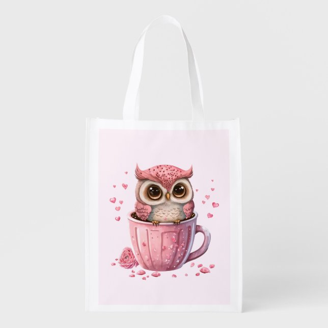 Cute Pink Owl in a Cup Grocery Bag (Front)