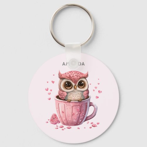 Cute Pink Owl in a Cup Keychain