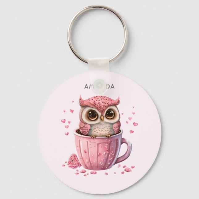 Cute Pink Owl in a Cup Keychain (Front)