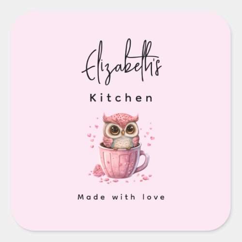 Cute Pink Owl in a Cup Kitchen Square Sticker