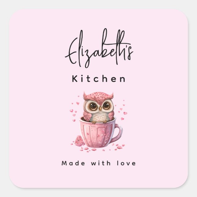 Cute Pink Owl in a Cup Kitchen Square Sticker (Front)