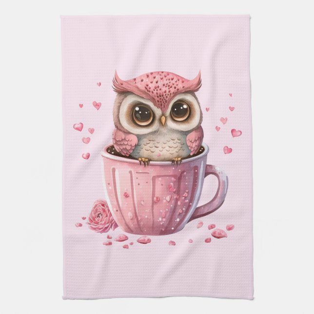 Cute Pink Owl in a Cup Kitchen Towel (Vertical)