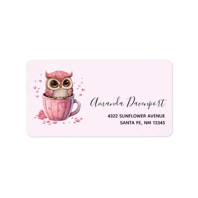 Cute Pink Owl in a Cup Label (Front)