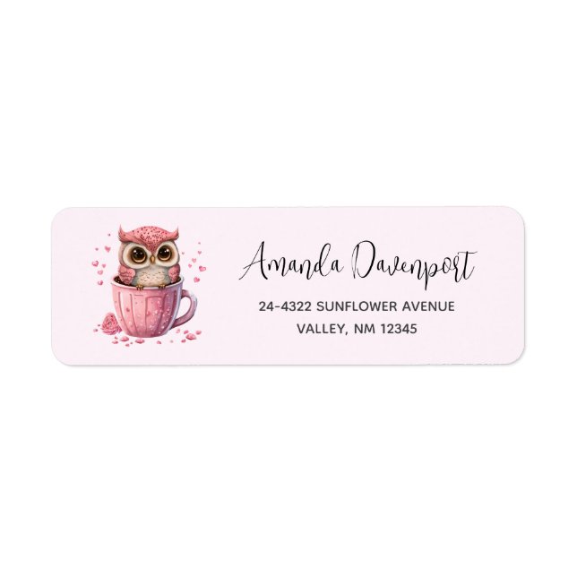 Cute Pink Owl in a Cup Label (Front)