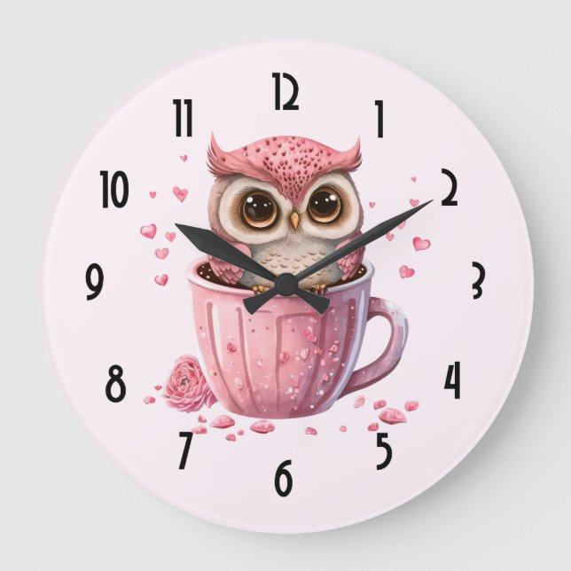 Cute Pink Owl in a Cup Large Clock (Front)