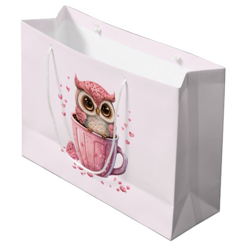 Cute Pink Owl in a Cup Large Gift Bag