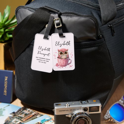 Cute Pink Owl in a Cup Luggage Tag