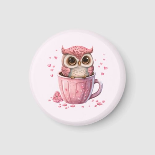 Cute Pink Owl in a Cup Magnet