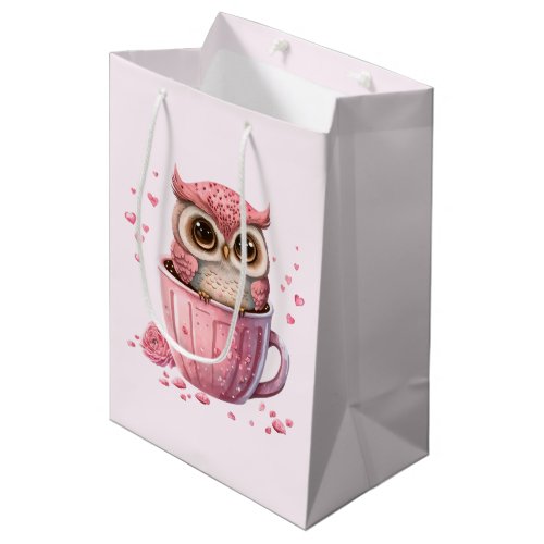 Cute Pink Owl in a Cup Medium Gift Bag