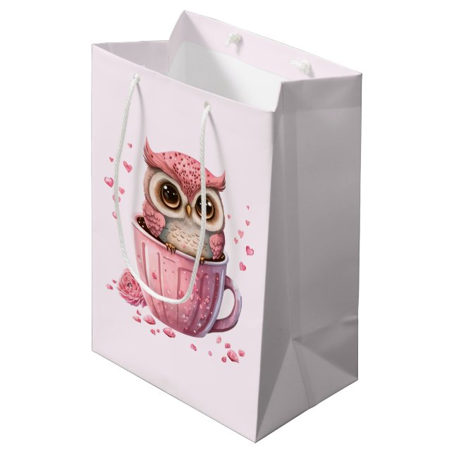 Cute Pink Owl in a Cup Medium Gift Bag (Front Angled)