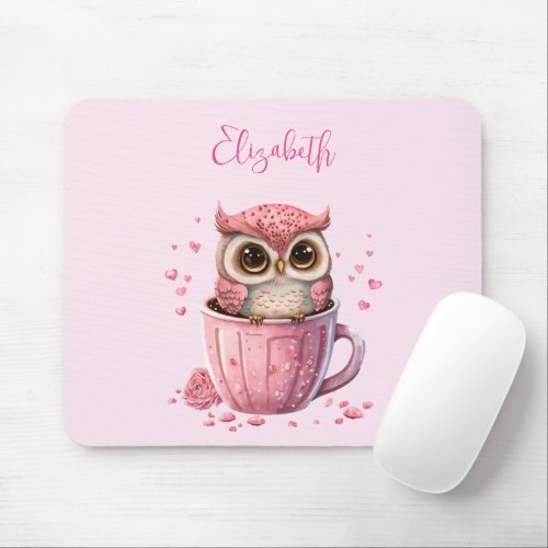 Cute Pink Owl in a Cup Mouse Pad