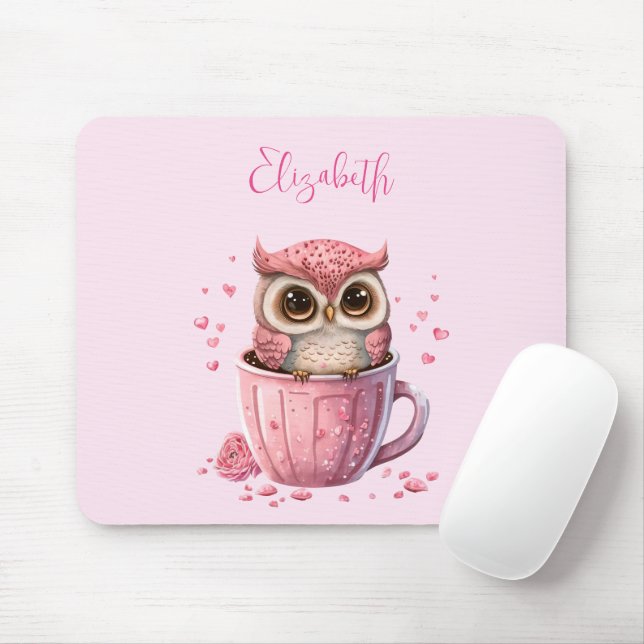 Cute Pink Owl in a Cup Mouse Pad (With Mouse)