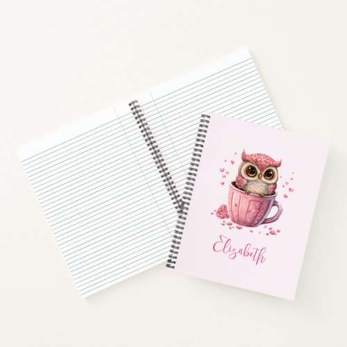 Cute Pink Owl in a Cup Notebook