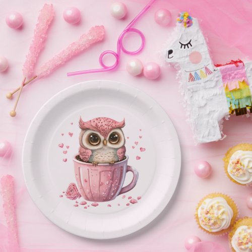 Cute Pink Owl in a Cup Paper Plates