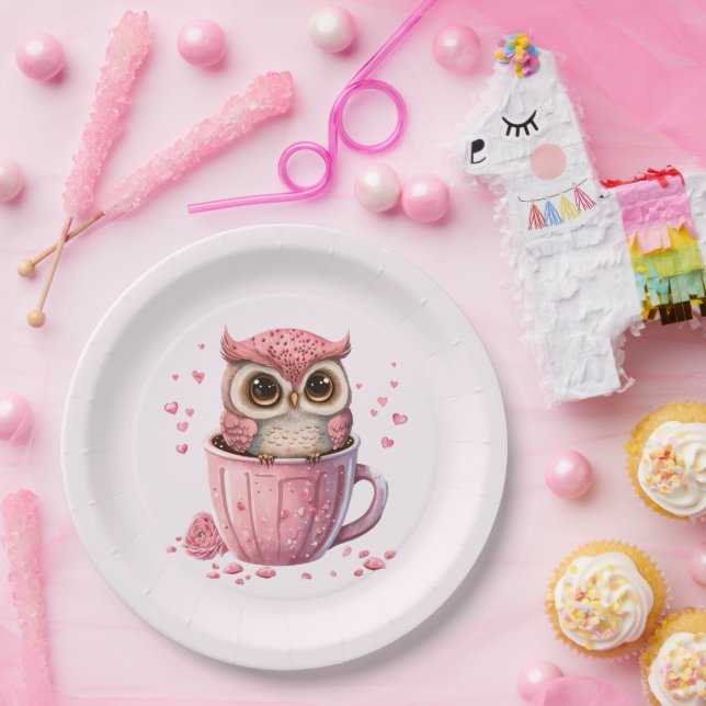 Cute Pink Owl in a Cup Paper Plates (Party)