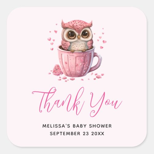 Cute Pink Owl in a Cup Party Thank You Square Sticker