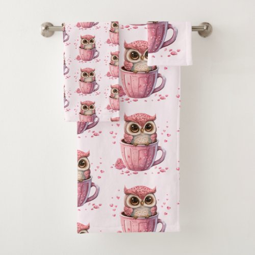 Cute Pink Owl in a Cup Patterned Bath Towel Set