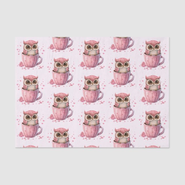 Cute Pink Owl in a Cup Patterned Tissue Paper (Front)