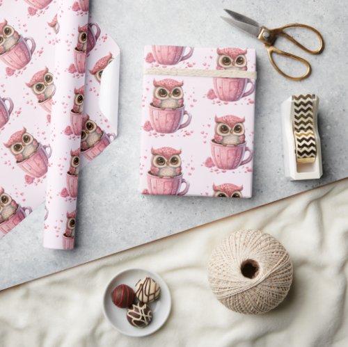 Cute Pink Owl in a Cup Patterned Wrapping Paper