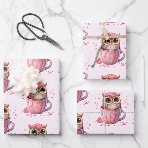 Cute Pink Owl in a Cup Patterned Wrapping Paper Sheets