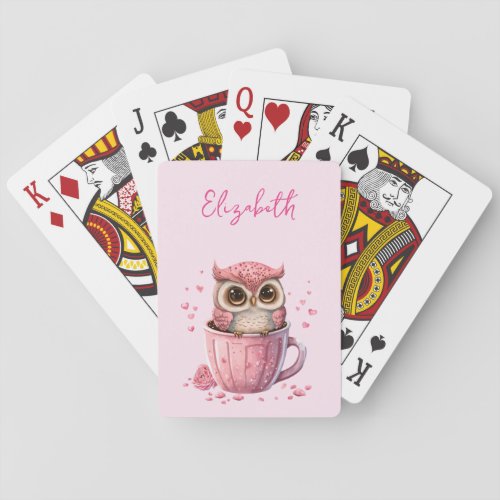 Cute Pink Owl in a Cup Playing Cards