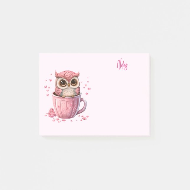 Cute Pink Owl in a Cup Post-it Notes (Front)