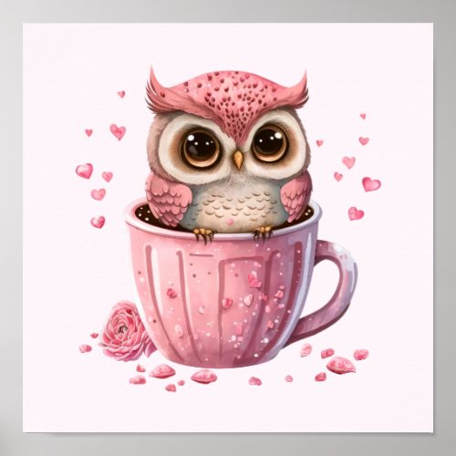 Cute Pink Owl in a Cup Poster