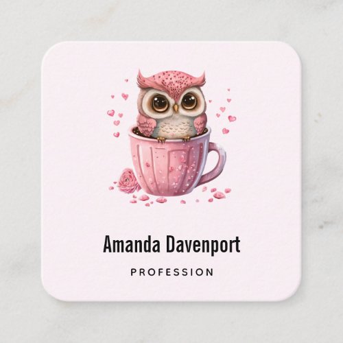 Cute Pink Owl in a Cup Square Business Card