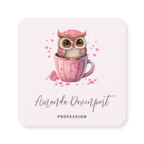 Cute Pink Owl in a Cup Square Business Card