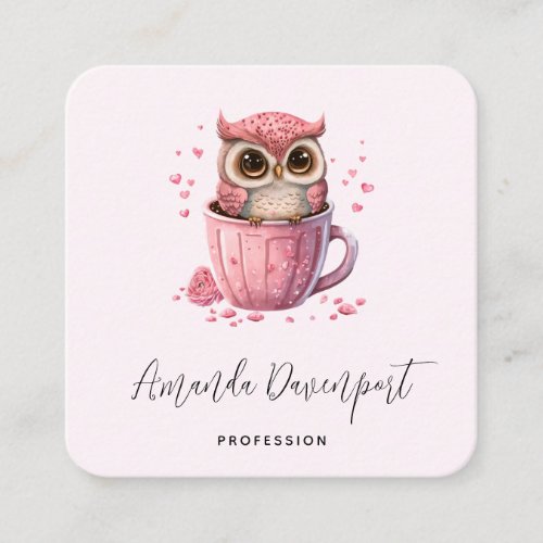 Cute Pink Owl in a Cup Square Business Card