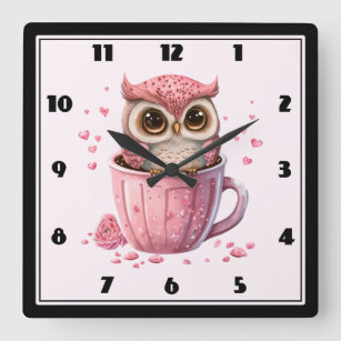 Cute Pink Owl in a Cup Square Wall Clock