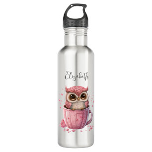 Cute Pink Owl in a Cup Stainless Steel Water Bottle