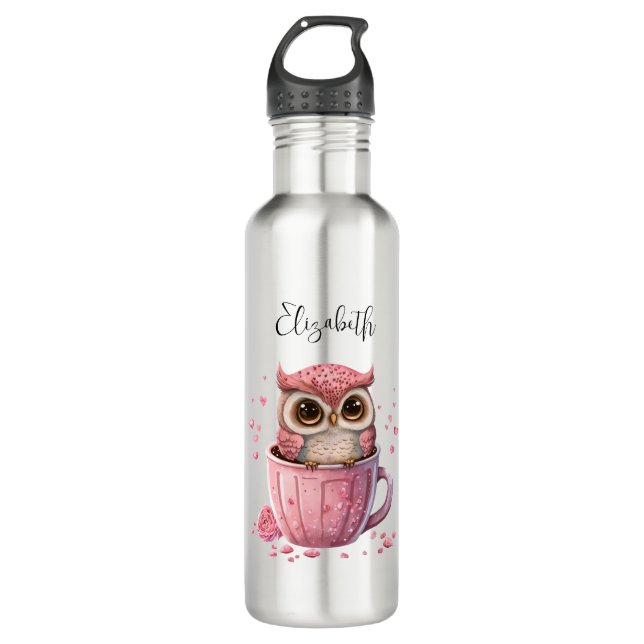 Cute Pink Owl in a Cup Stainless Steel Water Bottle (Front)