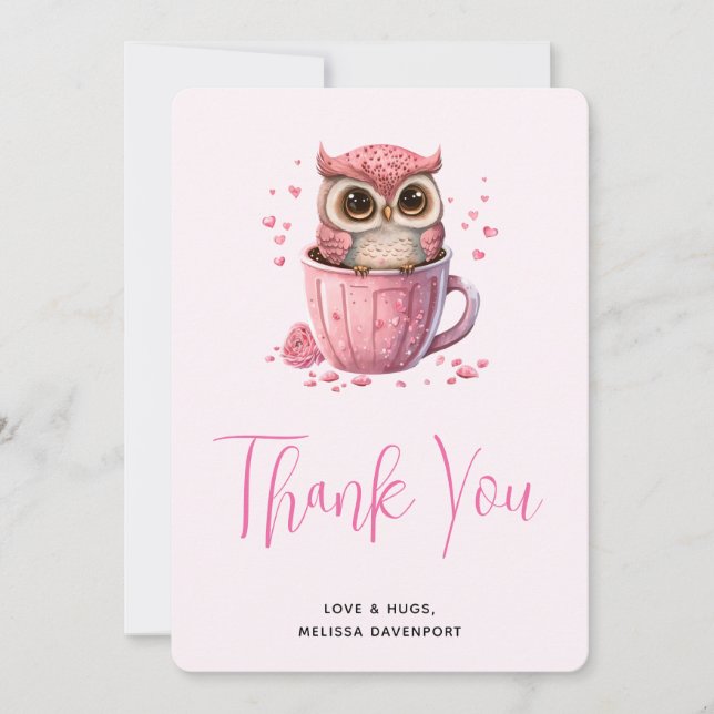 Cute Pink Owl in a Cup Thank You Card (Front)