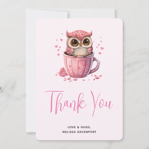 Cute Pink Owl in a Cup Thank You Card