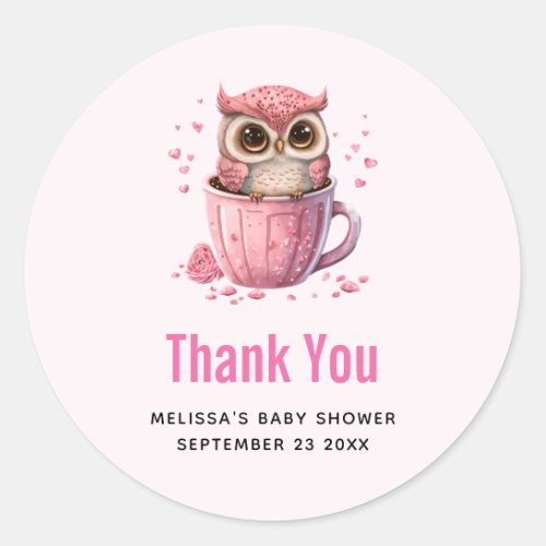 Cute Pink Owl in a Cup Thank You Classic Round Sticker