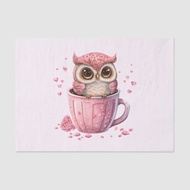 Cute Pink Owl in a Cup Tissue Paper (Front)