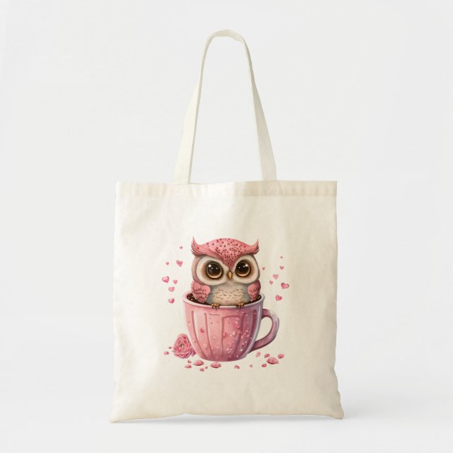 Cute Pink Owl in a Cup Tote Bag (Front)