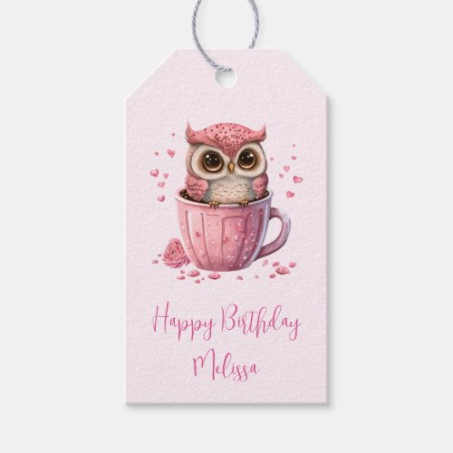 Cute Pink Owl in a Cup Valentines Birthday Gift Tags