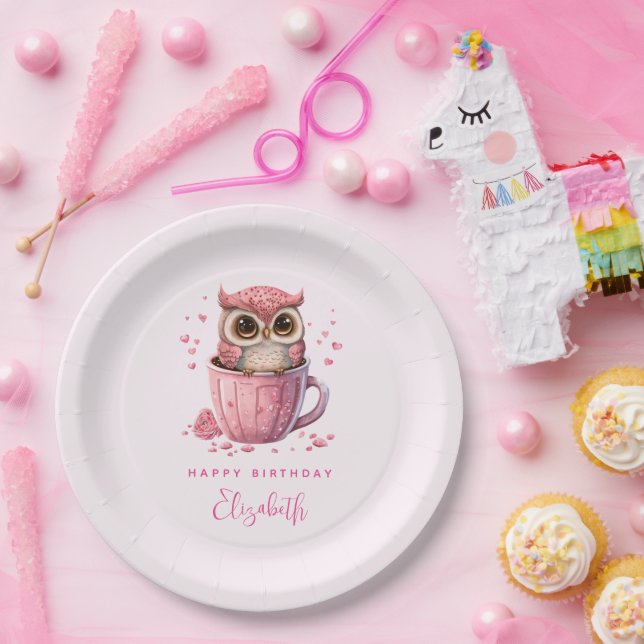 Cute Pink Owl in a Cup Valentine's Birthday Paper Plates (Party)