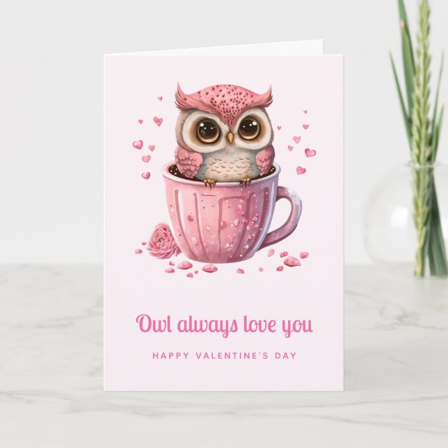 Cute Pink Owl in a Cup Valentine's Day Card (Front)