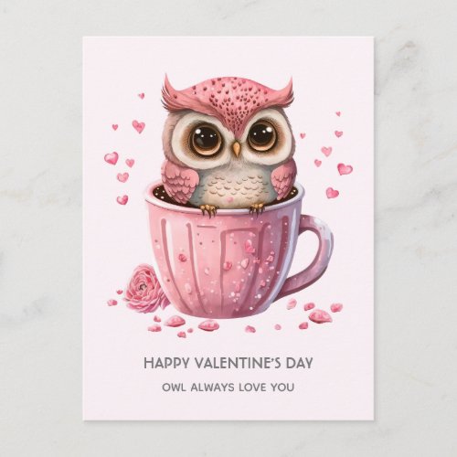 Cute Pink Owl in a Cup Valentines Day Holiday Postcard