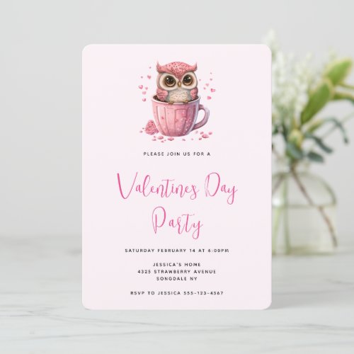 Cute Pink Owl in a Cup Valentines Day Party Invitation