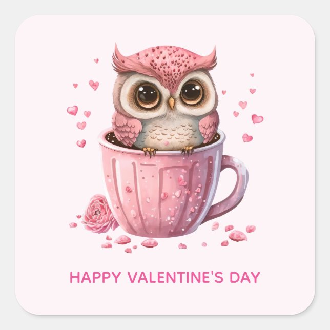 Cute Pink Owl in a Cup Valentine's Day Square Sticker (Front)