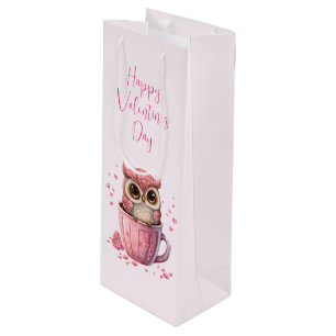 Cute Pink Owl in a Cup Valentine's Day Wine Gift Bag